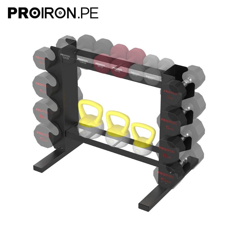 RACK DE ACERO COMPACTO PARA MANCUERNAS Y PESAS RUSAS - PROIRON PERU