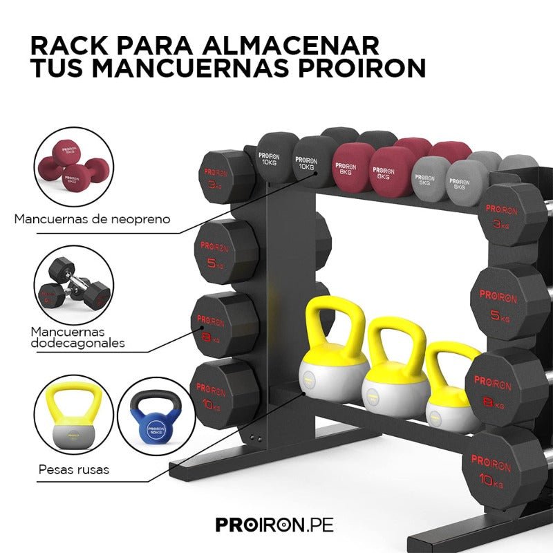 RACK DE ACERO COMPACTO PARA MANCUERNAS Y PESAS RUSAS - PROIRON PERU