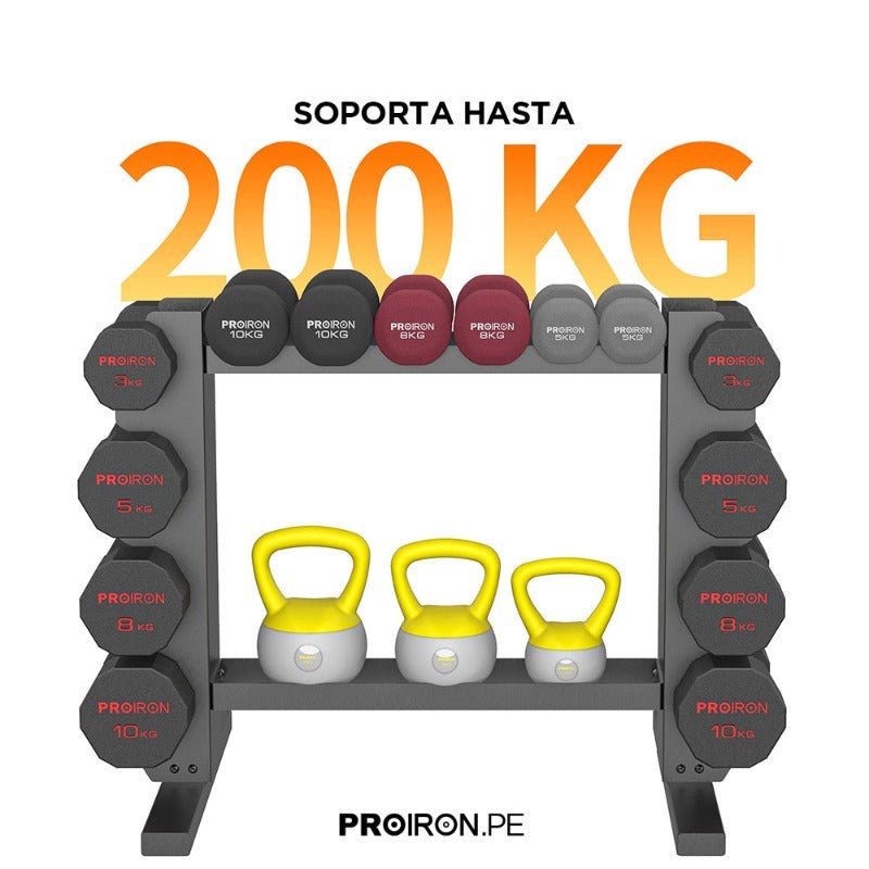 RACK DE ACERO COMPACTO PARA MANCUERNAS Y PESAS RUSAS - PROIRON PERU